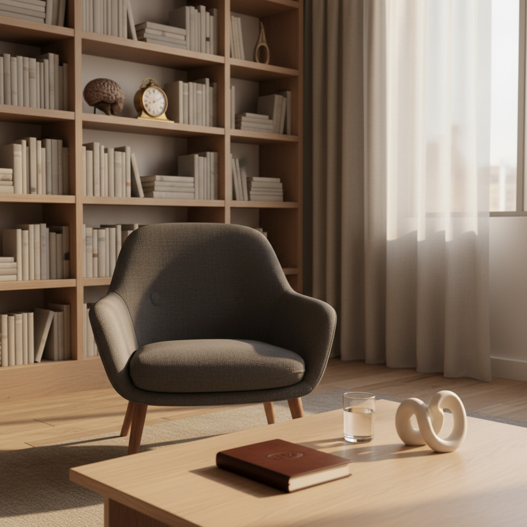 A cinematic, photographic realism image of a minimalist consultation room devoid of people: a single, refined armchair in textured charcoal fabric faces a low, light-oak table where a closed leather-bound journal, a simple glass of water, and a small, abstract sculpture of intertwined curves rest. Behind the chair, a tall bookshelf with evenly spaced, neutral-colored volumes and a few carefully chosen objects—such as a subtle anatomical brain model and a vintage clock—lines the wall. Warm, late-afternoon sunlight filters in through sheer curtains, casting elongated, soft shadows and a golden, tranquil glow. Shot from a slightly low, diagonal angle with moderate depth of field, the mood is safe, intimate, and sophisticated, ideal for deep psychological work.